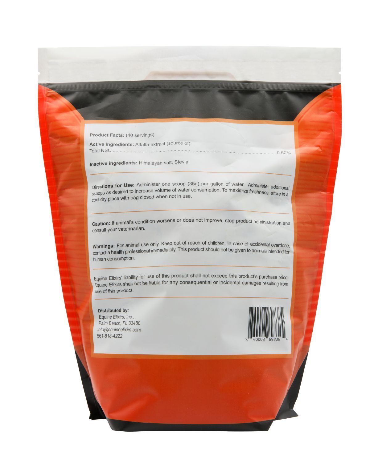Back view of the large bag of Equine Elixers Chug on a white background