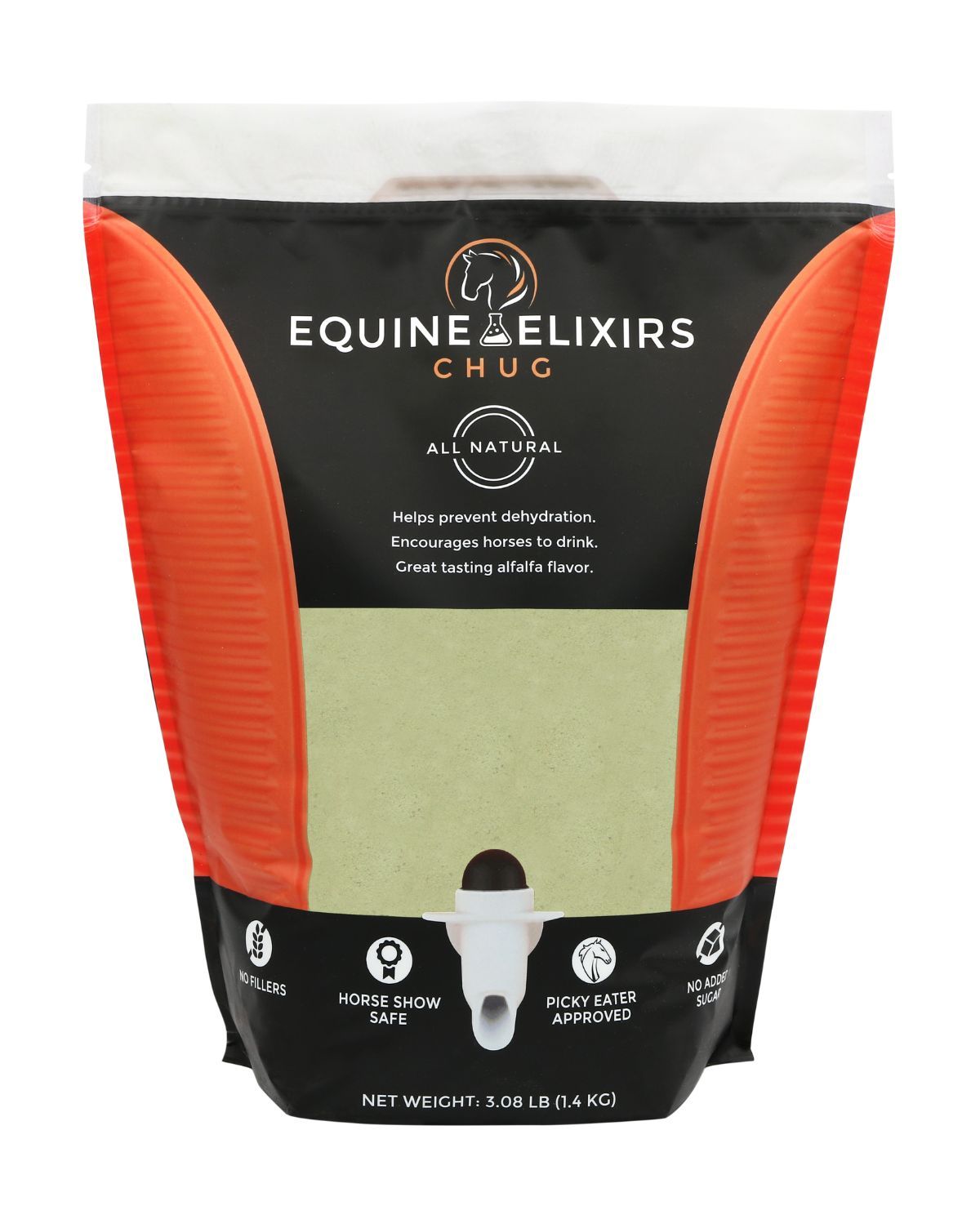Front view of the large bag of Equine Elixers Chug on a white background
