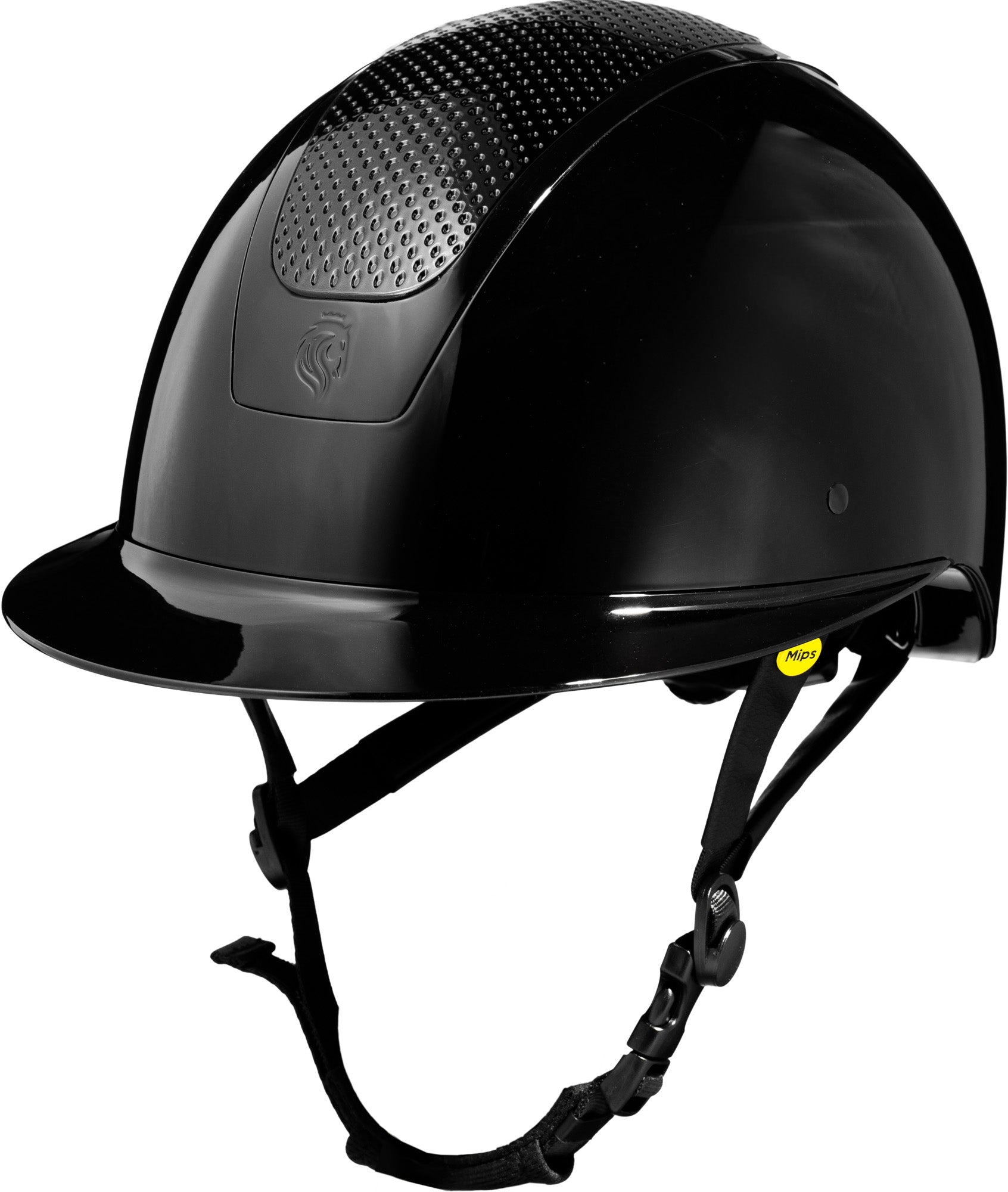 Angled front view of the Black/Black Equinavia Crown Glossy MIPS Riding Helmet on a white background
