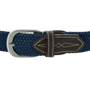 Close-up view of the navy Equinavia Elsa Woven Stretch Belt on a white background