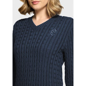 Close-up front view of a female model wearing the Navy Samshield Lisa Twisted Sweater on a plain background