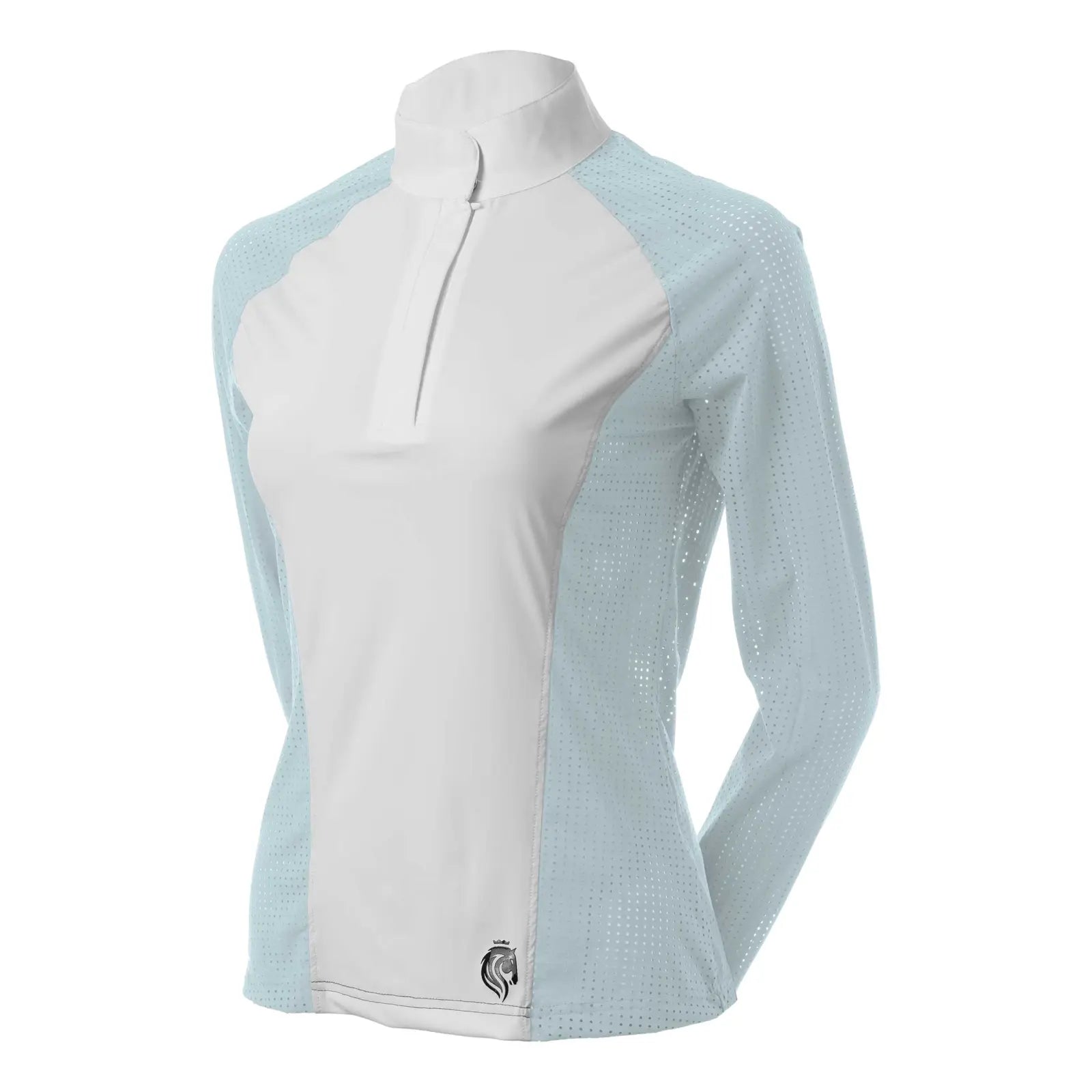 Angled front view of the Equinavia Sara Womens Perforated Long Sleeved Show Shirt in light blue and white on a white background