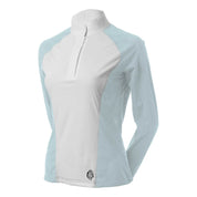 Angled front view of the Equinavia Sara Womens Perforated Long Sleeved Show Shirt in light blue and white on a white background