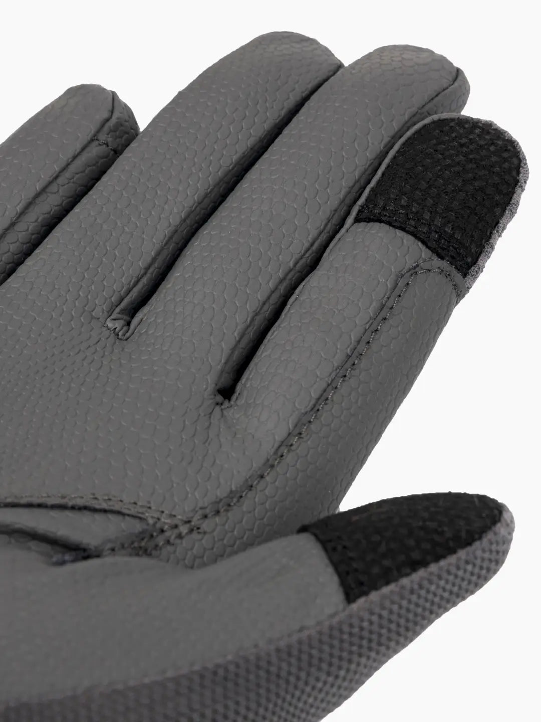 Close-up palm view of the gray LeMieux 3D Mesh Riding Gloves on a white background