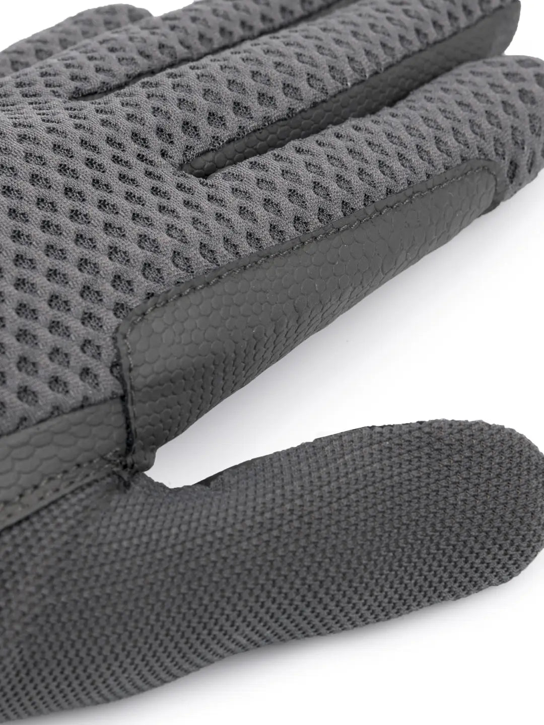 Close-up view of the different materials on the gray LeMieux 3D Mesh Riding Gloves on a white background