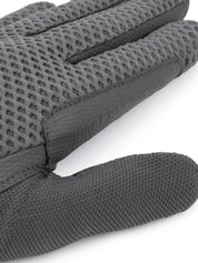 Close-up view of the different materials on the gray LeMieux 3D Mesh Riding Gloves on a white background