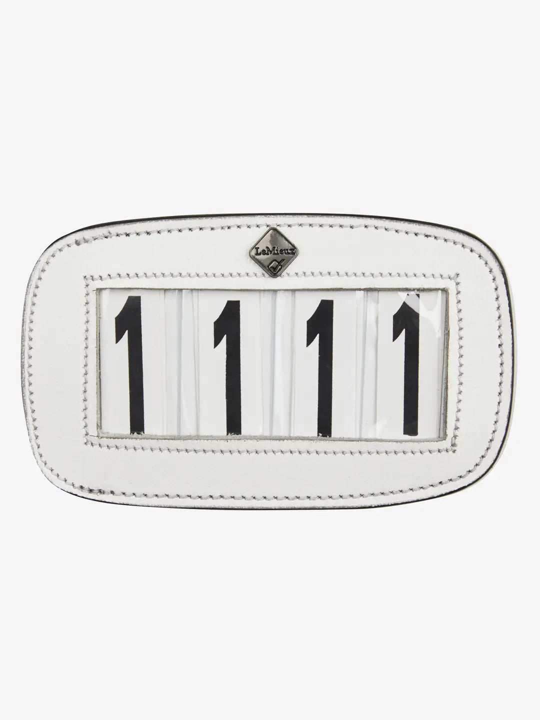 Front view of the LeMieux Saddle Number Holder in White showing numbers 1111
