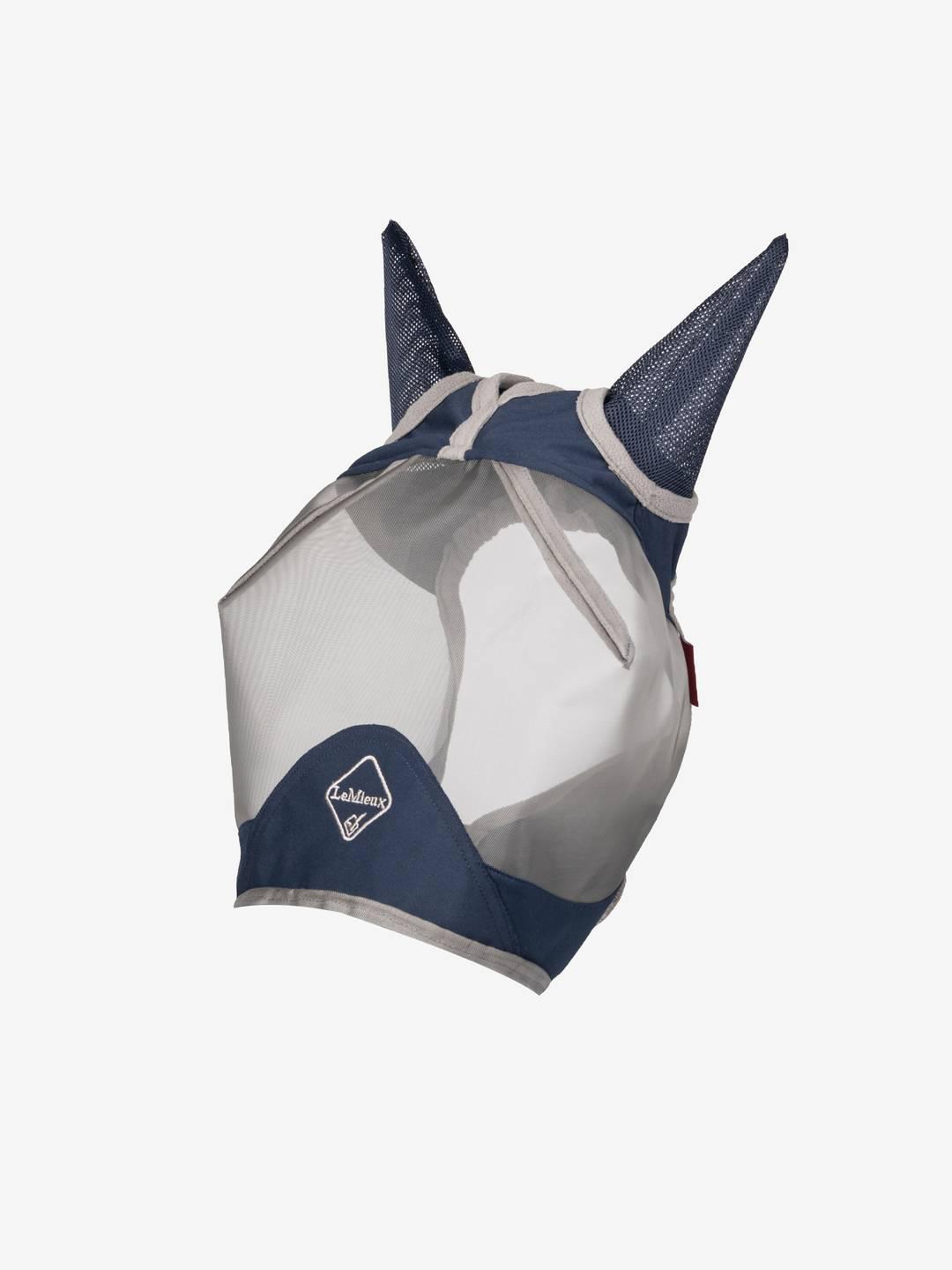 Front view of the navy Lemieux ArmourShield Pro Half Fly Mask on a white background