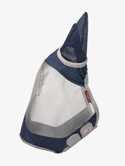 Side view of the navyLemieux ArmourShield Pro Half Fly Mask on a white background