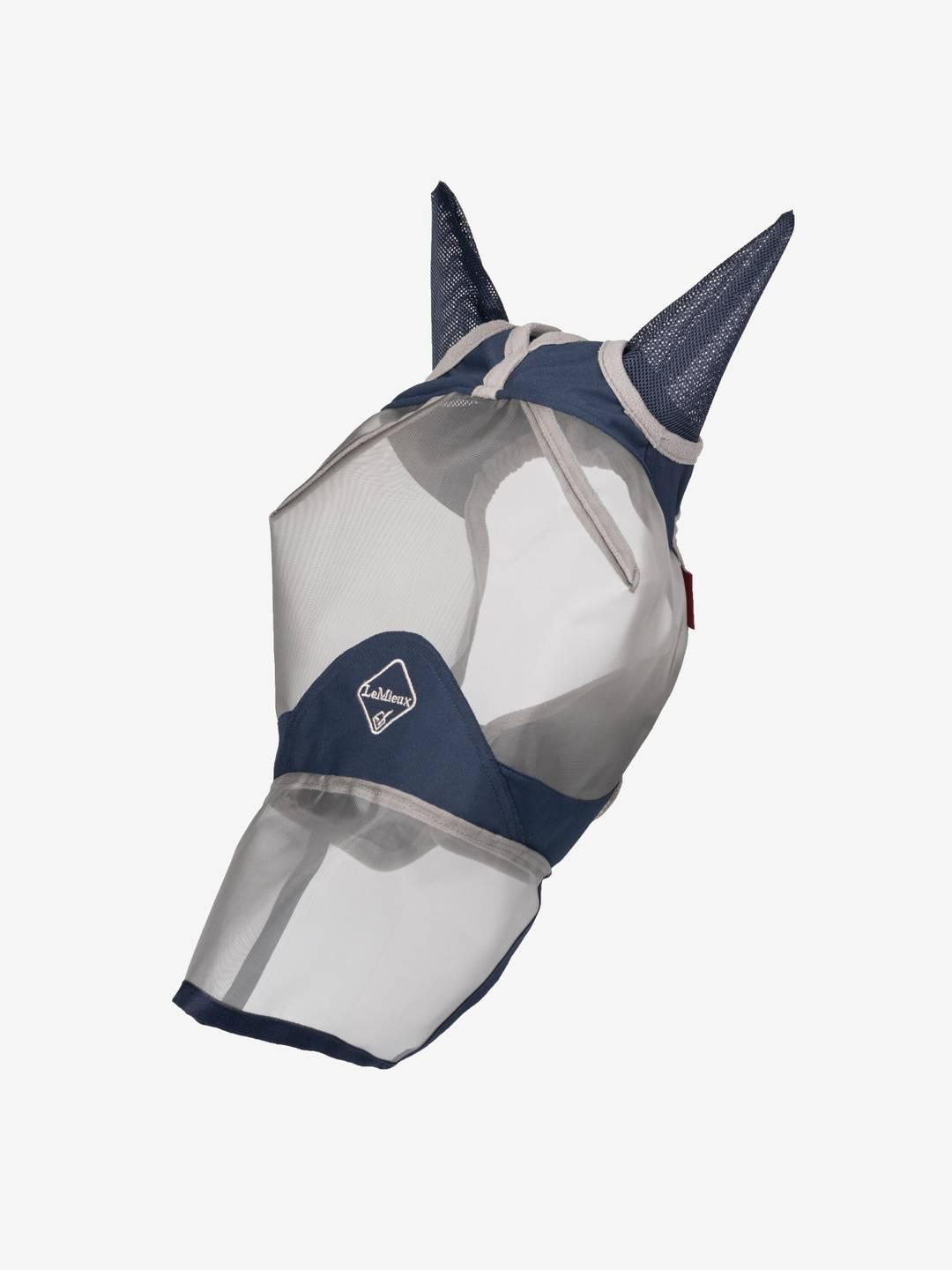 Angled front view of the navy Lemieux ArmourShield Pro Full Fly Mask on a white background