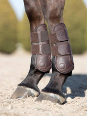 Side view of a horse wearing the brown LeMieux Capella Tendon Boots while standing in an arena