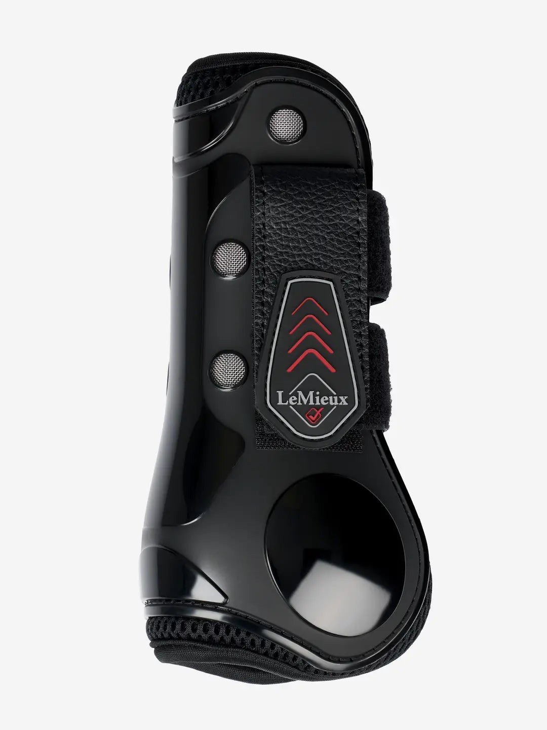 Side view of the black LeMieux Derby Projump Tendon Boot on a white background