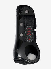 Side view of the black LeMieux Derby Projump Tendon Boot on a white background