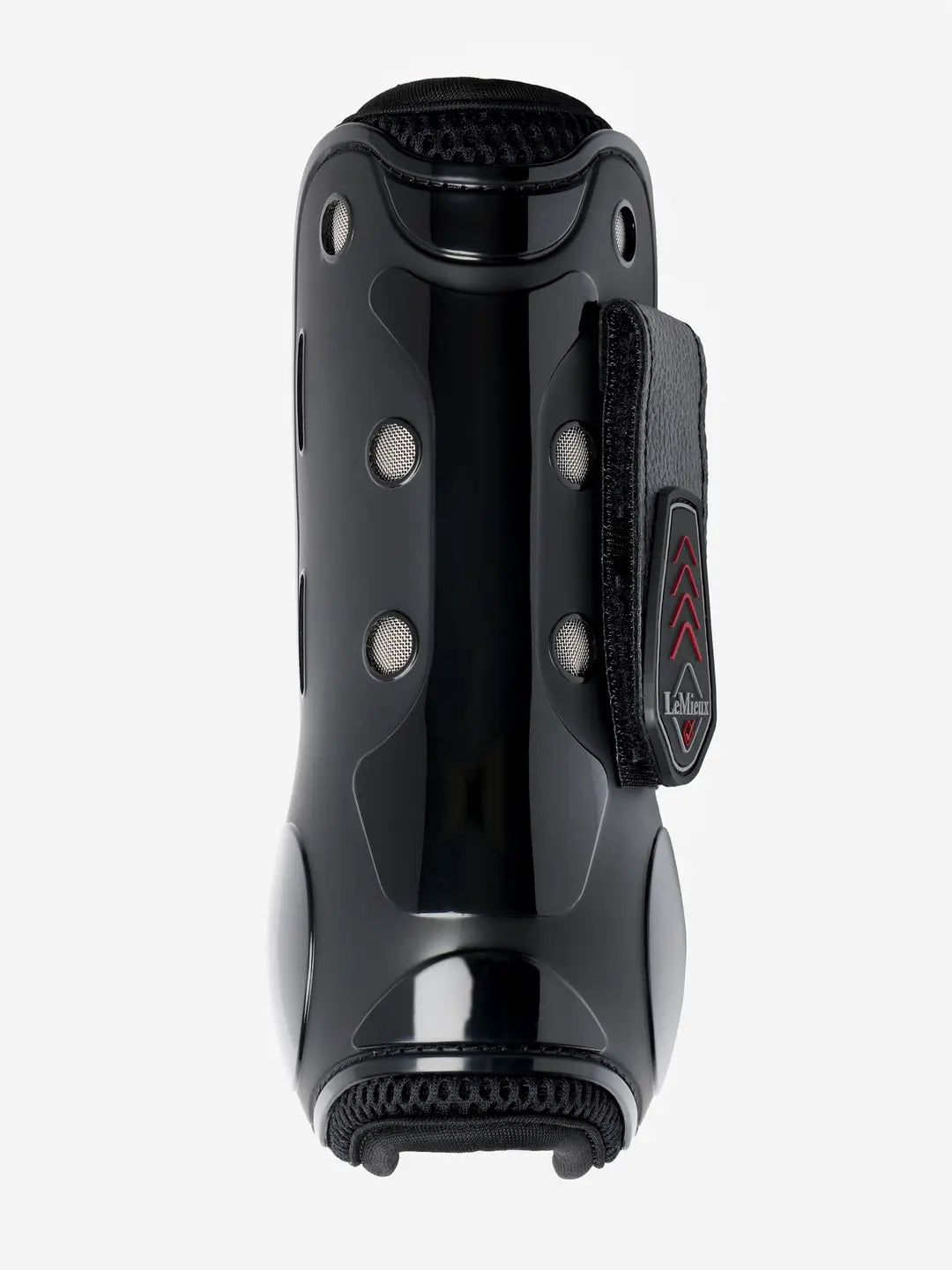 Back view of the black LeMieux Derby Projump Tendon Boot on a white background