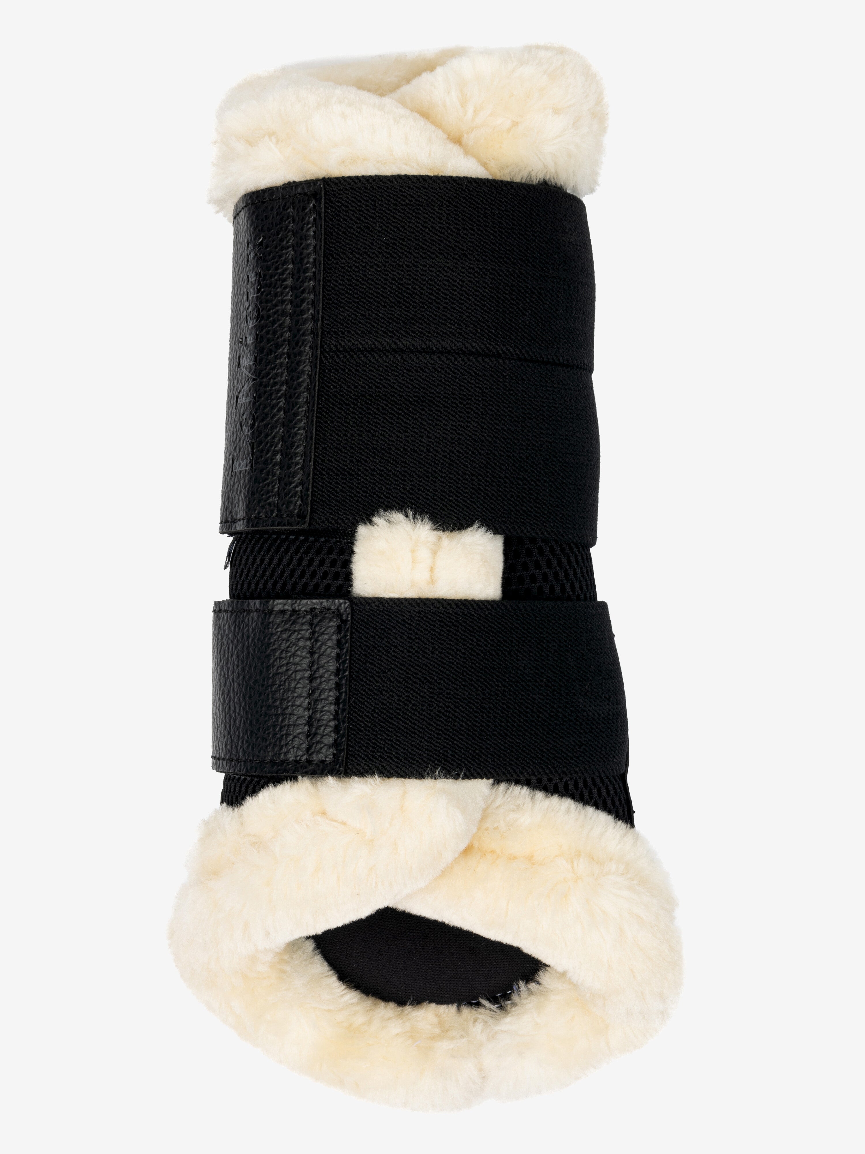 Front view of the black/natural LeMieux Fleece Edged Brushing Boot on a white background