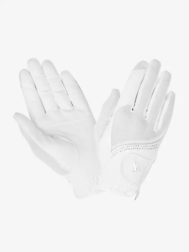 Pair of LeMieux Crystal Gloves in white on white background