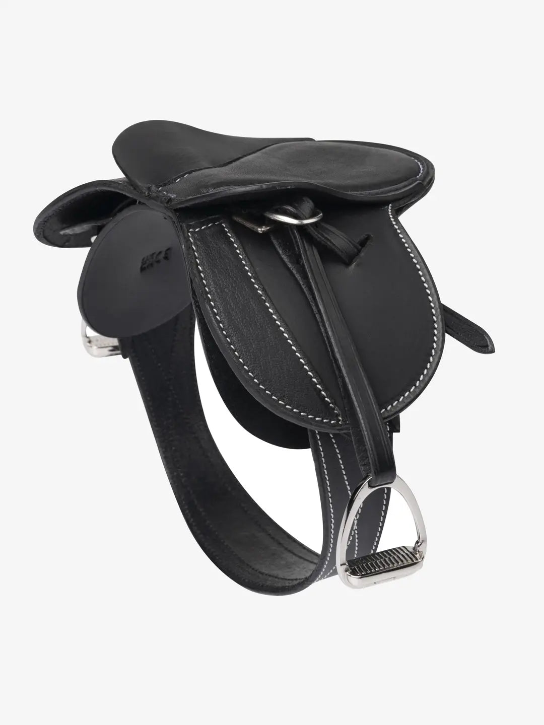 Angled side view of the black LeMieux Toy Pony Saddle and Girth on a white background