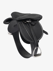 Angled side view of the black LeMieux Toy Pony Saddle and Girth on a white background