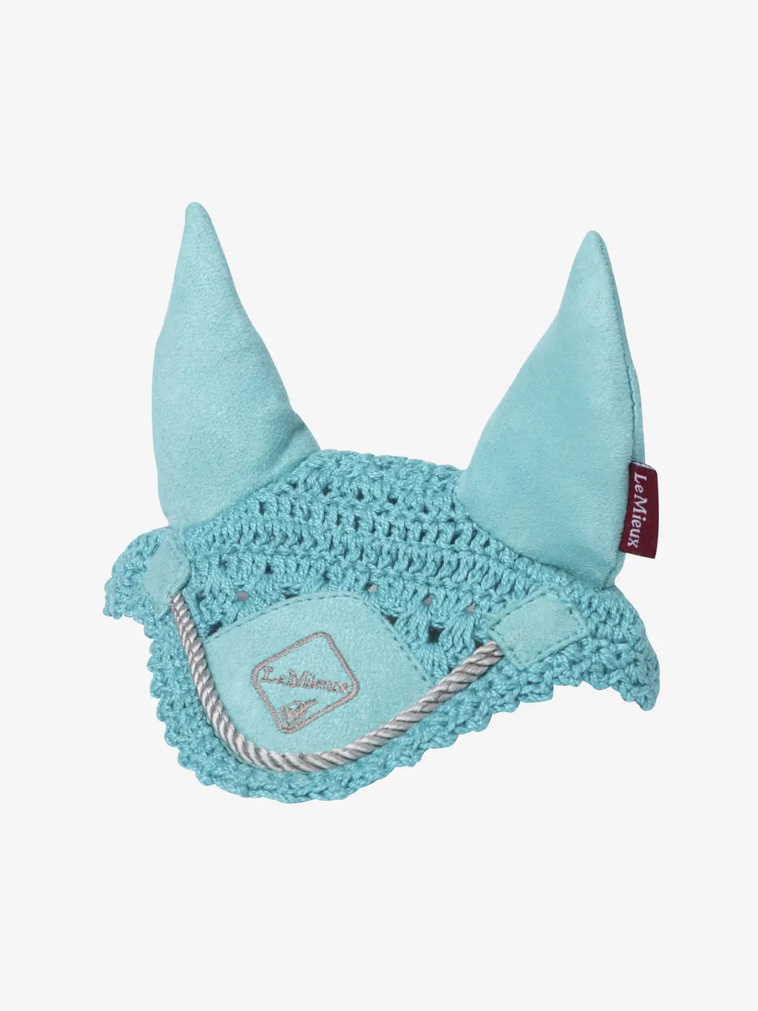 Front view of the azure LeMieux Toy Pony Fly Hood on a white background