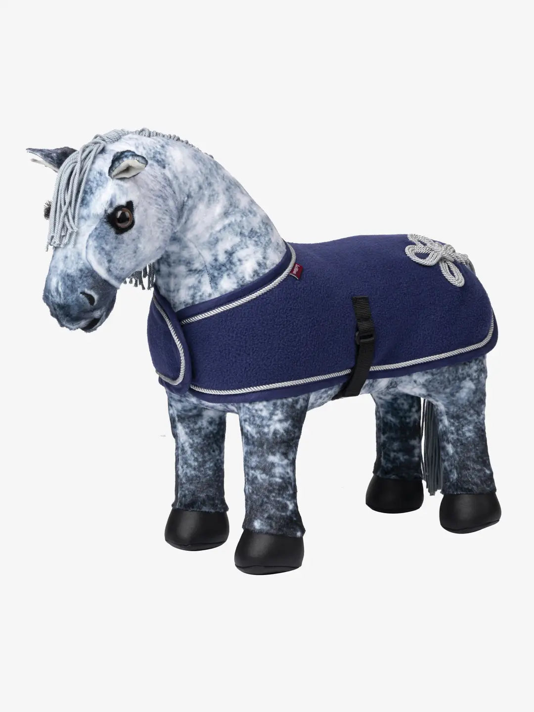 Deep blue toy fleece cooler on a gray horse on a white background