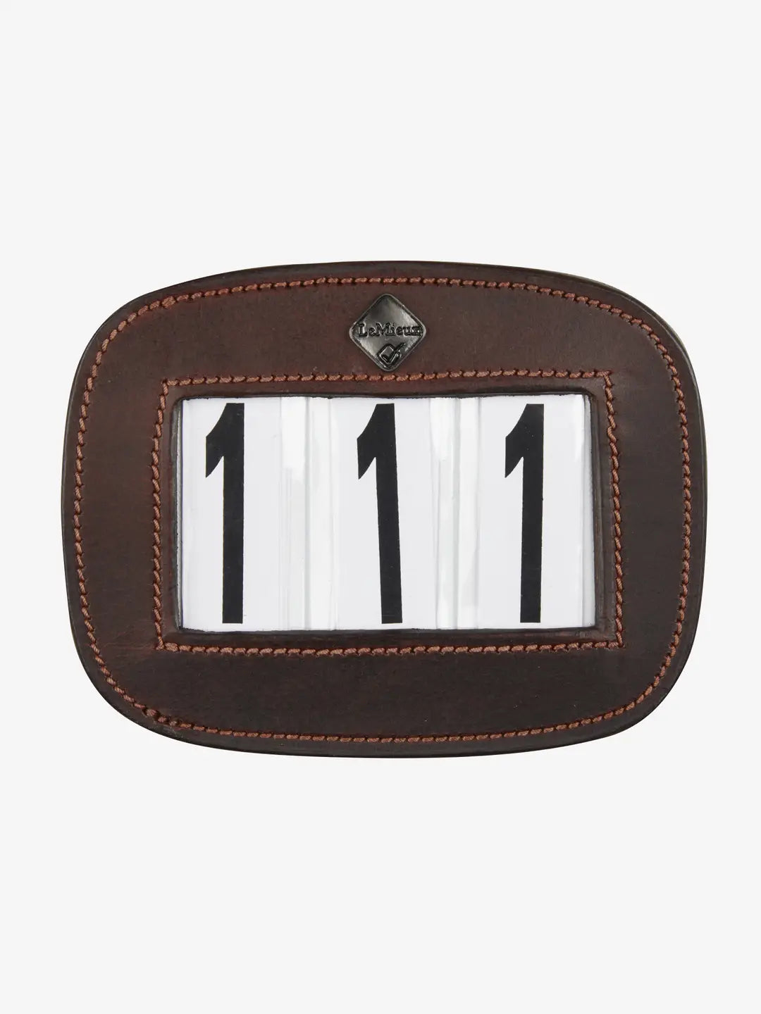 Front view of the LeMieux Saddle Number Holder in Brown showing numbers 111