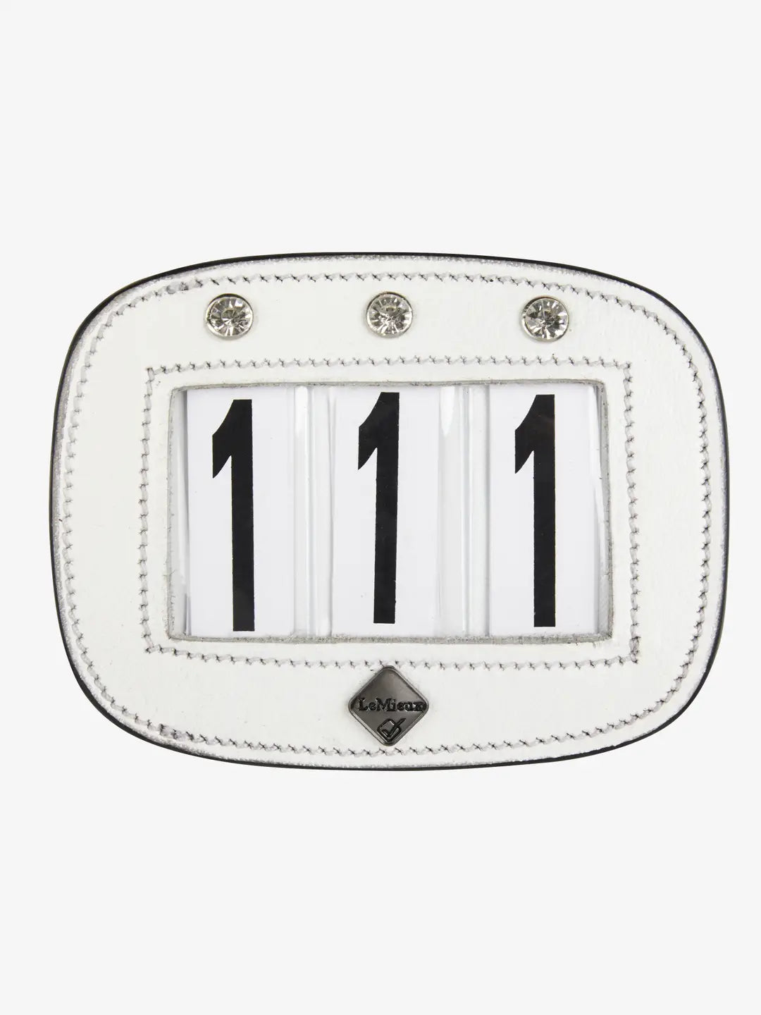 Front view of the white LeMieux Diamante Saddle Number Holder showing 111 on a white background