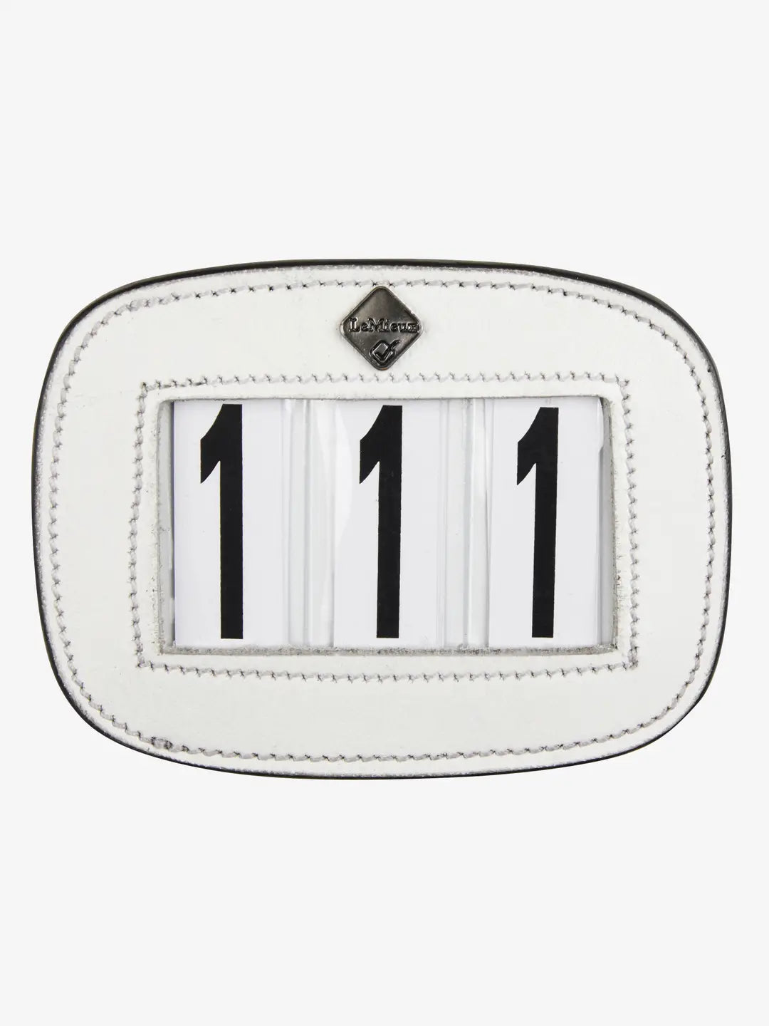 Front view of the LeMieux Saddle Number Holder in White showing numbers 111