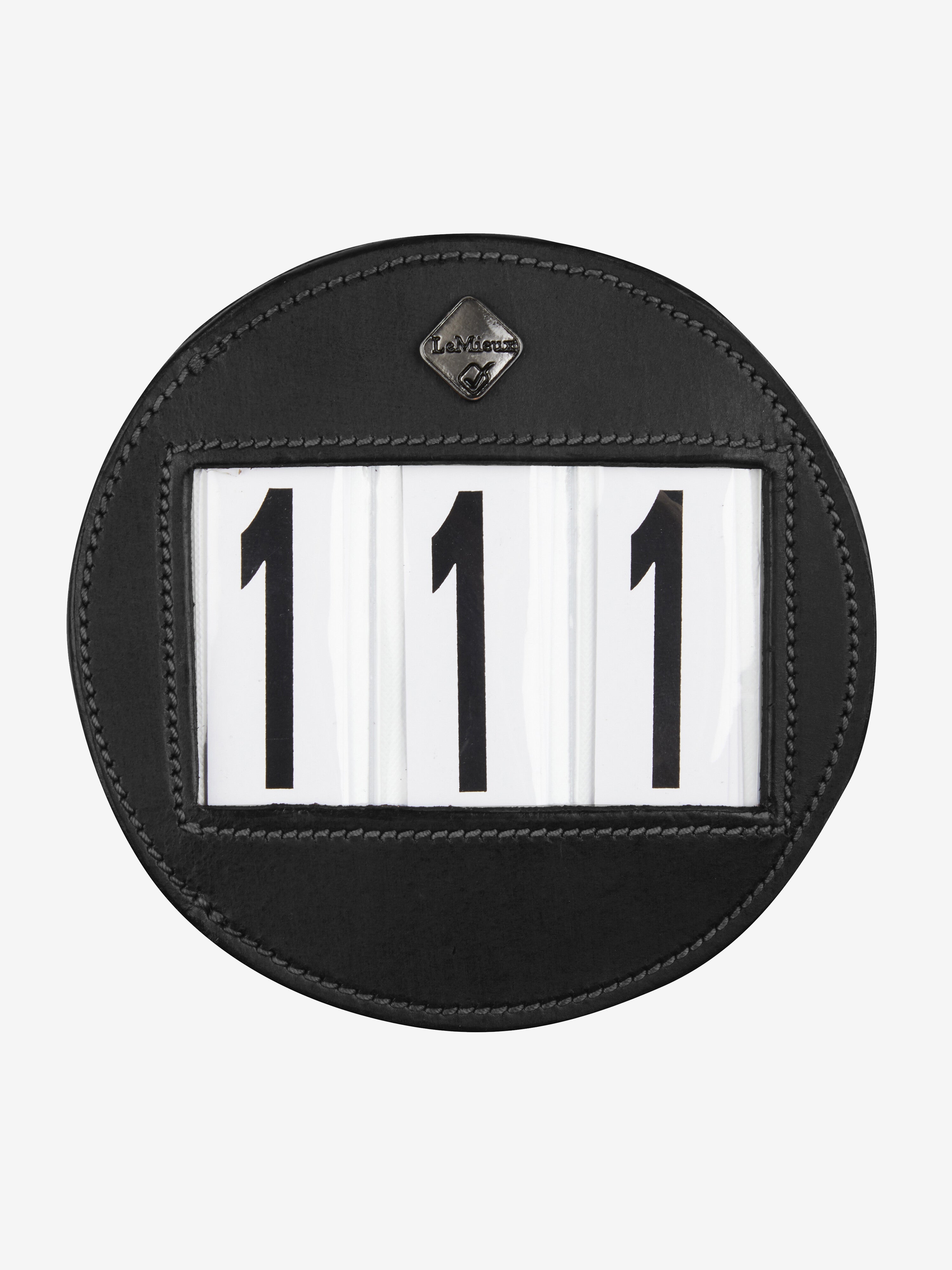 Front view of the black LeMieux Bridle Number Holder showing 111 on a white background