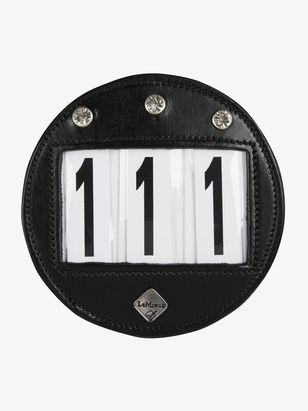 Front view of the Lemieux Diamante Bridle Number Holder showing crystals and the numbers 111