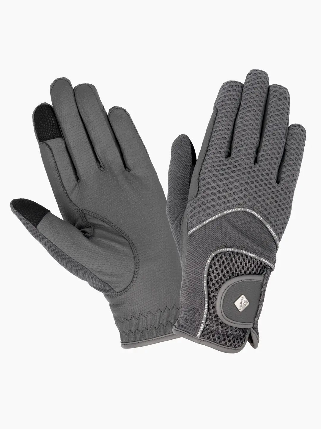 Front and back views of a pair of gray LeMieux 3D Mesh Riding Gloves on a white background