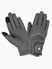 Front and back views of a pair of gray LeMieux 3D Mesh Riding Gloves on a white background