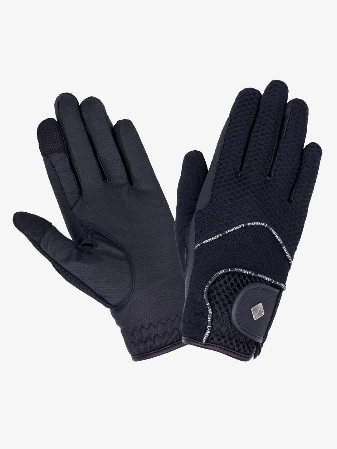 Front and back views of a pair of navy LeMieux 3D Mesh Riding Gloves on a white background