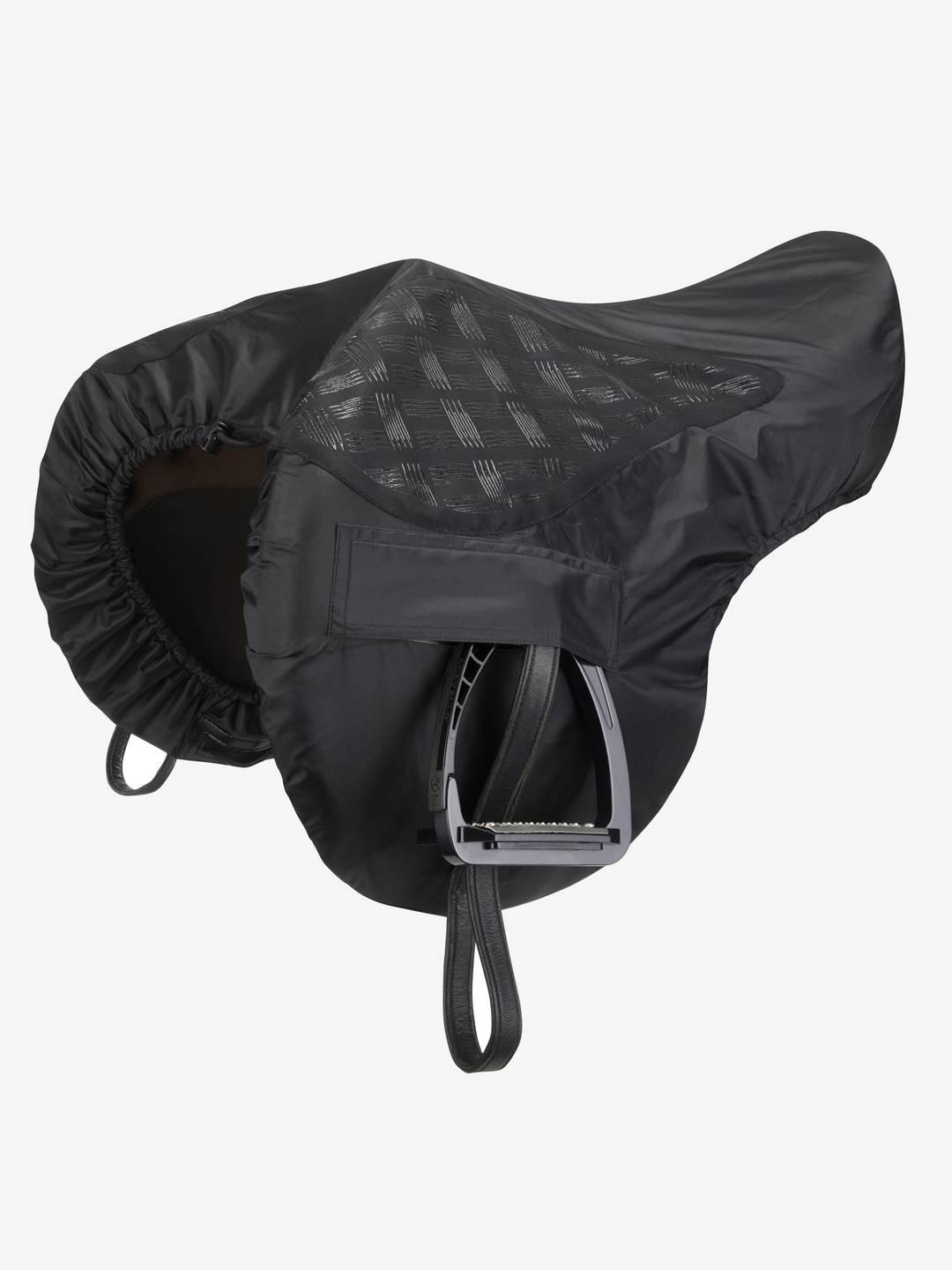 Angled side view of the General Purpose LeMieux Ride On Saddle Cover  in black - over a saddle