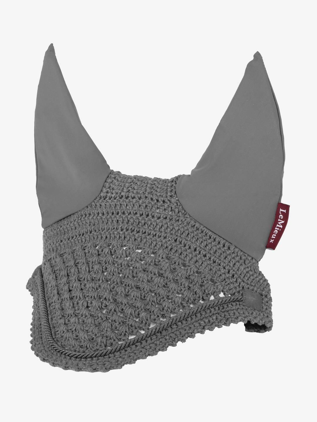 Front view of the gray LeMieux Vogue Fly Hood on a white background