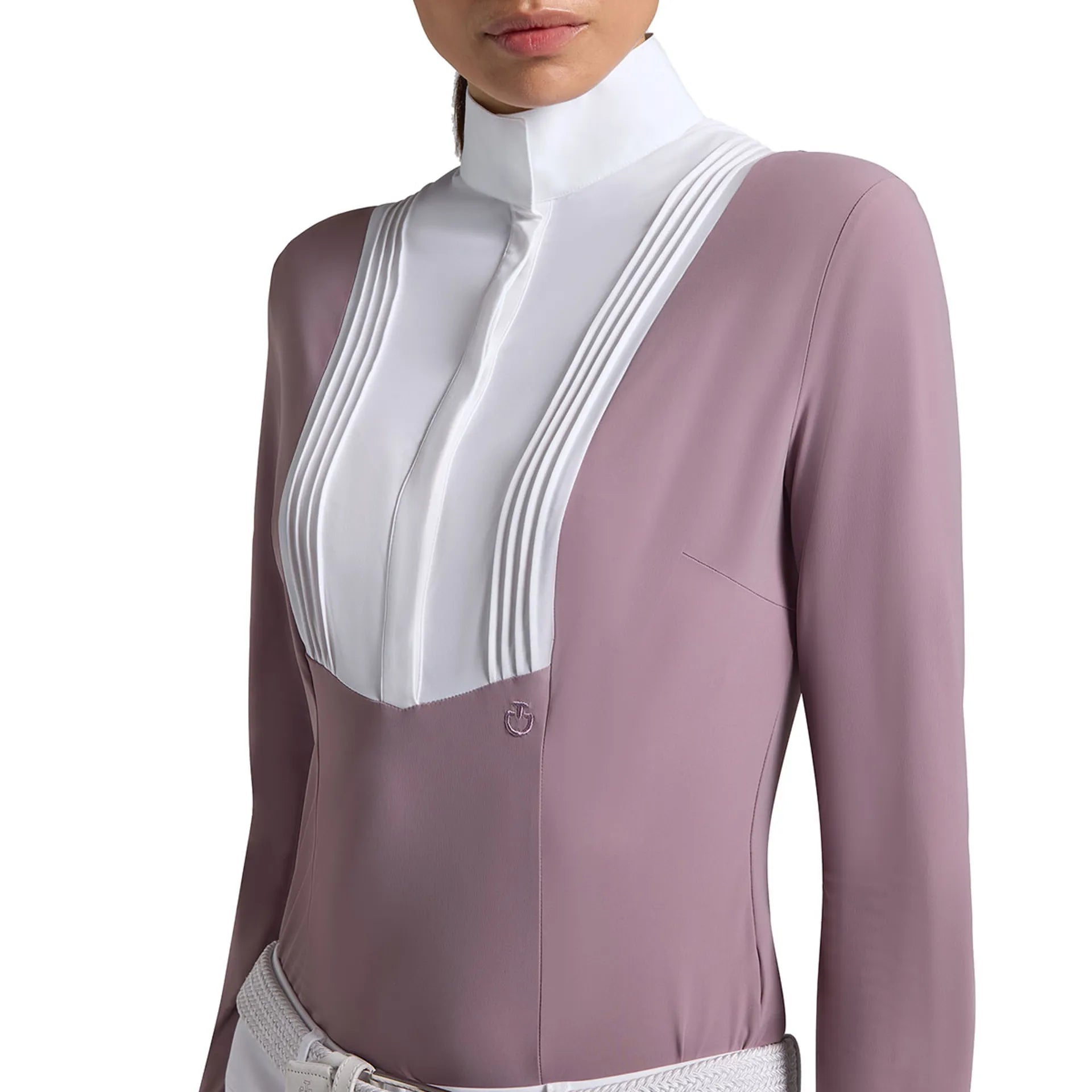 Close-up front view of a model wearing the purple Cavalleria Toscana American Long Sleeve Competition Shirt on a plain background