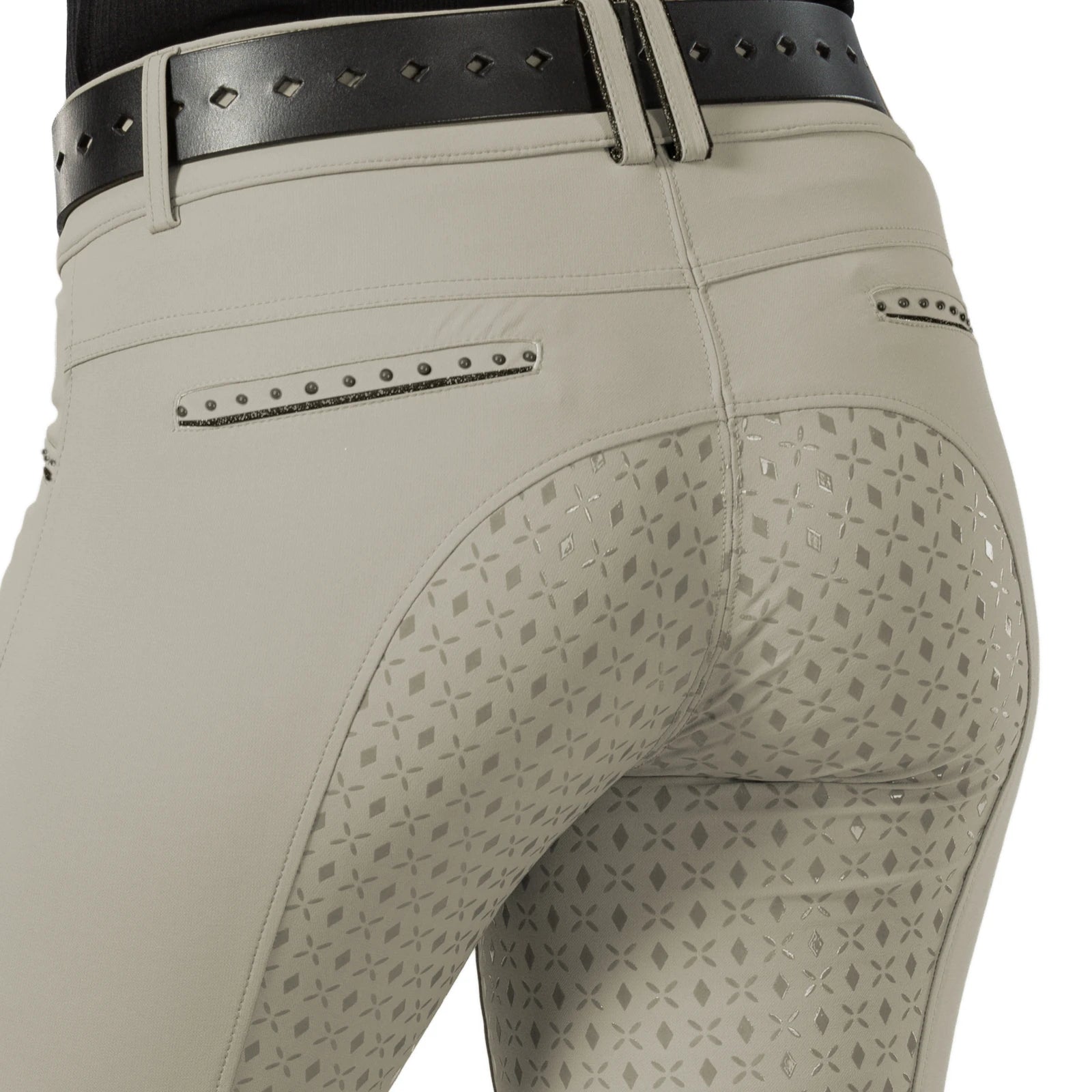 Close-up back view of a model wearing the tan Equinavia Victoria Full Seat Breeches on a white background