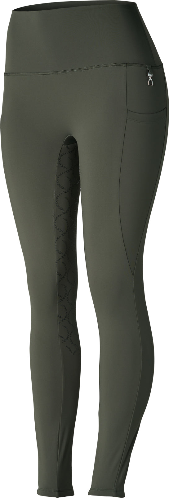 Front view of the Beetle Khaki Green Horze Gillian Silicone Full Seat Tights on a white background