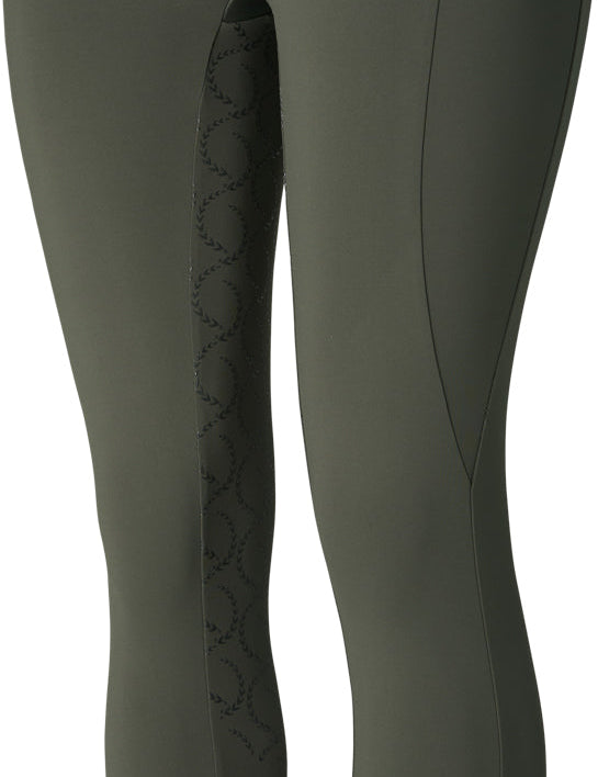 Front view of the Beetle Khaki Green Horze Gillian Silicone Full Seat Tights on a white background