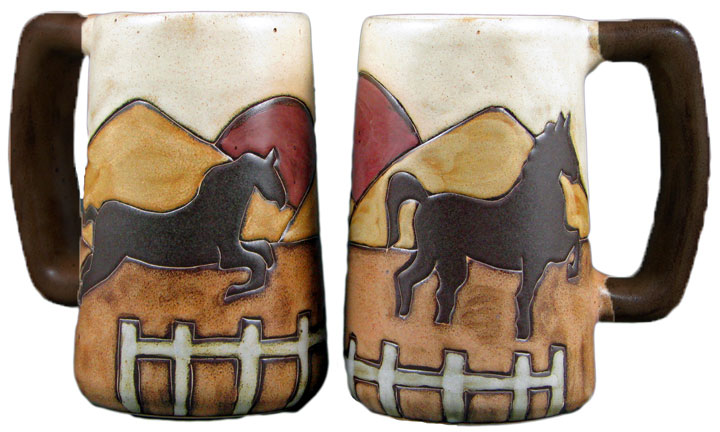 Side-by-side front and back views of the Mara Stoneware Horses Stein on a white background