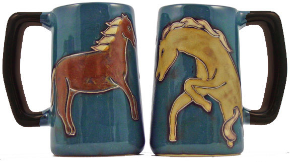 Side-by-side front and back views of the Mara Stoneware Horses Stein on a white background