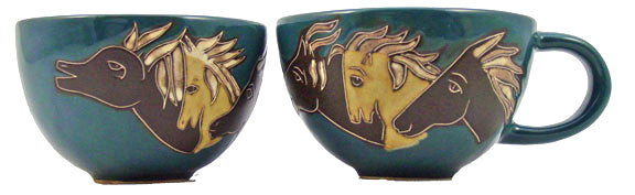 Side-by-side views of different angles of the Mara Stoneware Horses Latte Mug on a white background