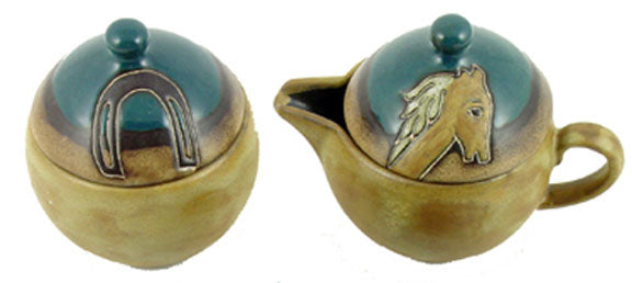 Full view of the Mara Stoneware Horses Creamer and Sugar Set on a white background