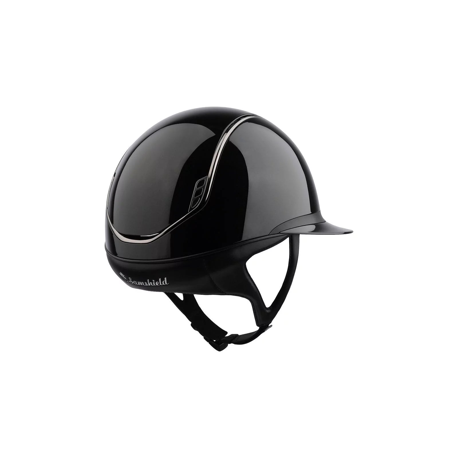 Angled back view of the black Samshield Miss Shield 2.0 Shadow Glossy Helmet on a white background