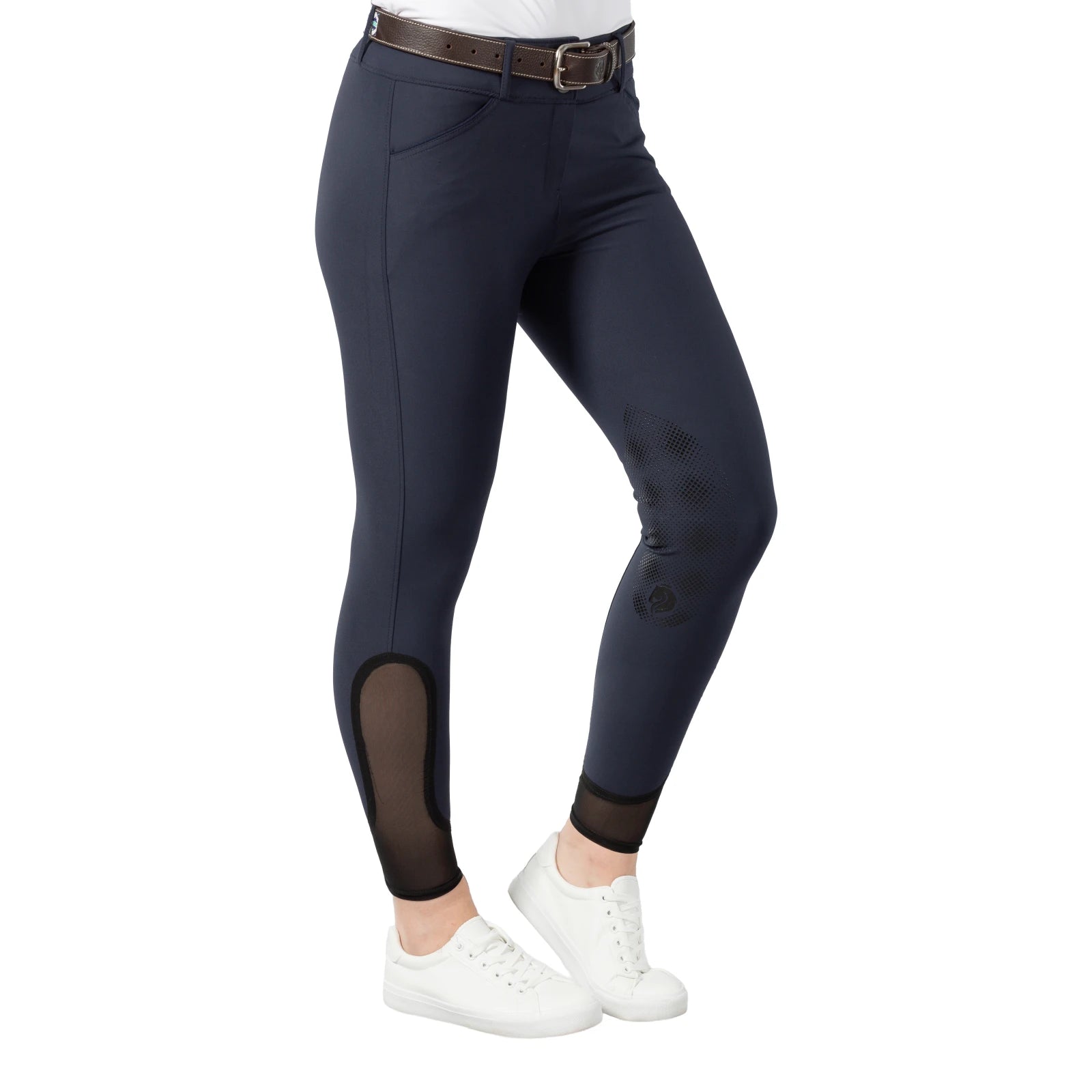 Angled front view of a model wearing the navy Equinavia Maud Knee Patch Breeches on a white background
