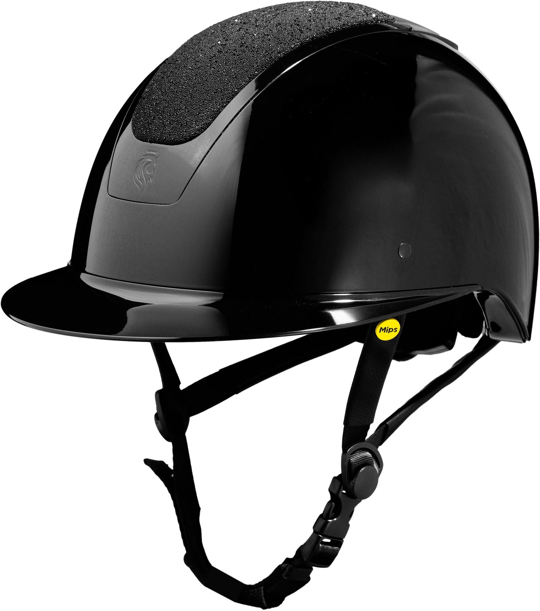 Angled front view of the Black/Black Diamond Crystal Equinavia Crown Glossy MIPS Riding Helmet on a white background