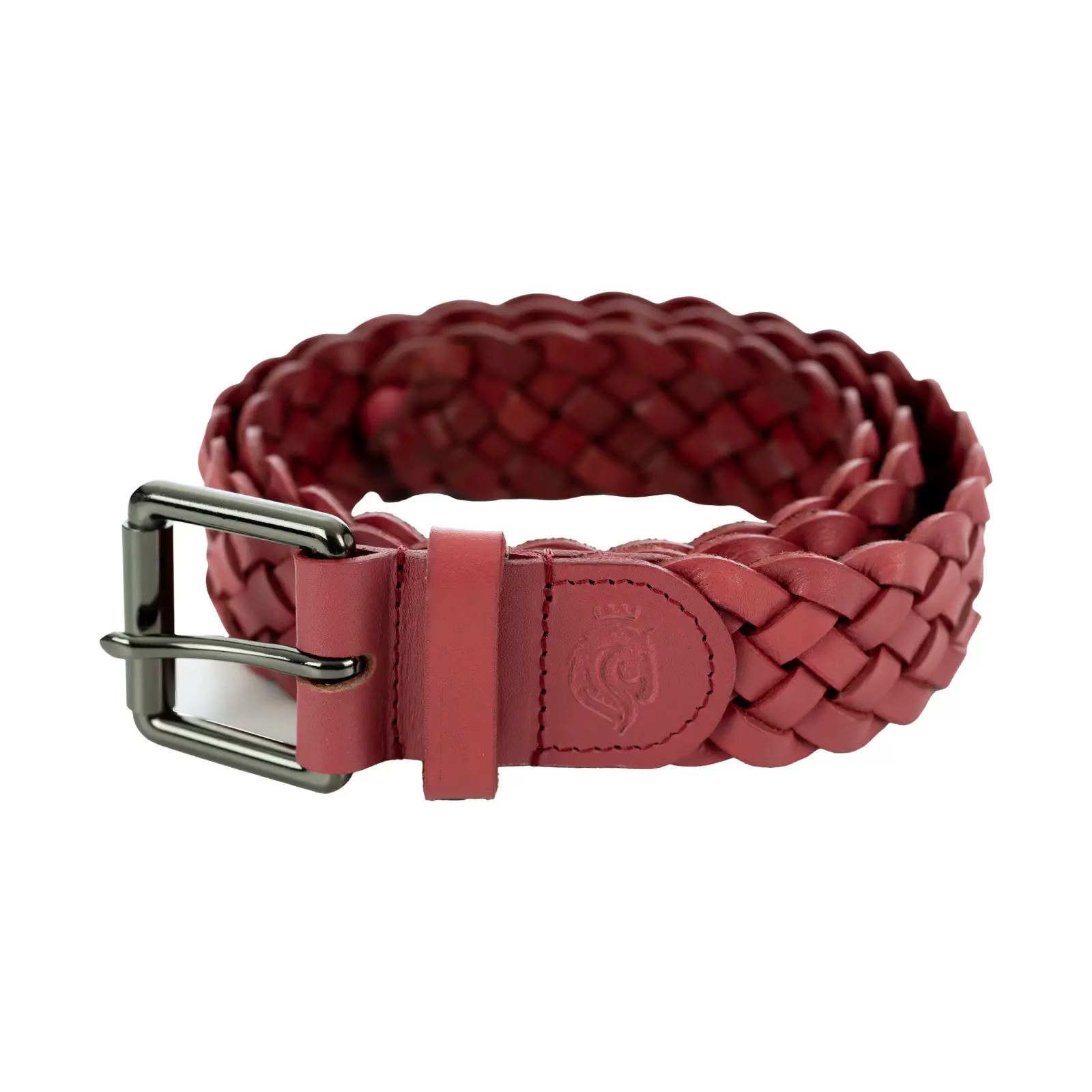 View of the bright pink Equinavia Kari Braided Belt on a white background