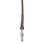 Close-up side view of the buckle on the Oakbark Brown Equinavia Valkyrie Stirrup Leathers on a white background