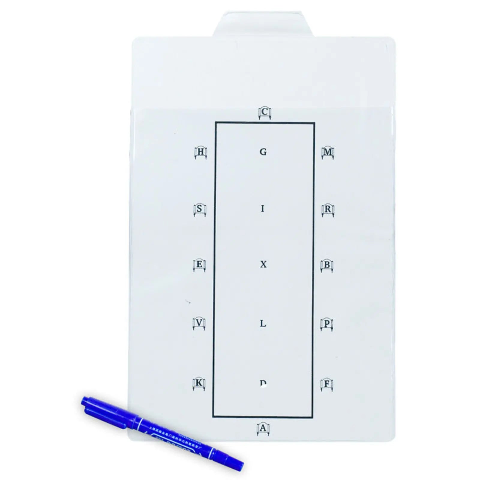 Front view of the Horze Learner Dressage Test Board with a blue marker on a white background