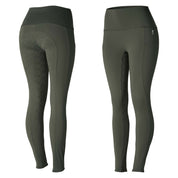 Side by side front and back views of the Beetle Khaki Green Horze Gillian Silicone Full Seat Tights on a white background