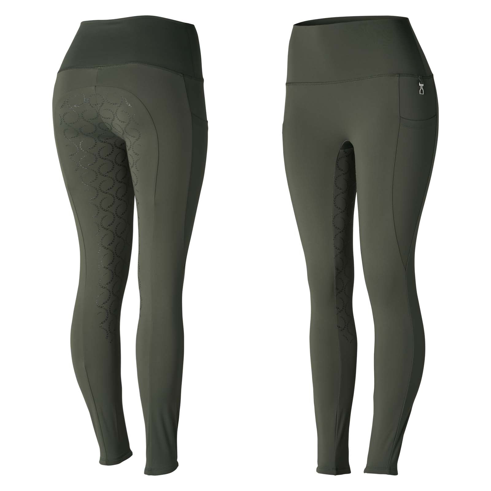 Side by side front and back views of the Beetle Khaki Green Horze Gillian Silicone Full Seat Tights on a white background